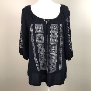 SOLITAIRE Boho Peasant Blouse Long Sleeve Blue Embroidered